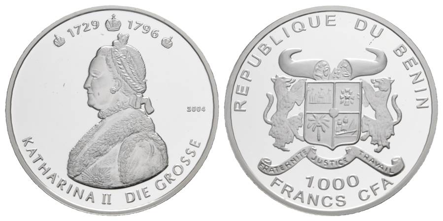  1000 Francs 2004 Benin, Silbergedenkmünze Katharina II die Große, PP; 15 g; Ø 35 mm   