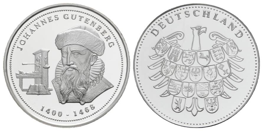  Gedenkprägung Johannes Gutenberg 1400-1468, Deutschland, Medaille PP, Ø 34 mm, 15 g   