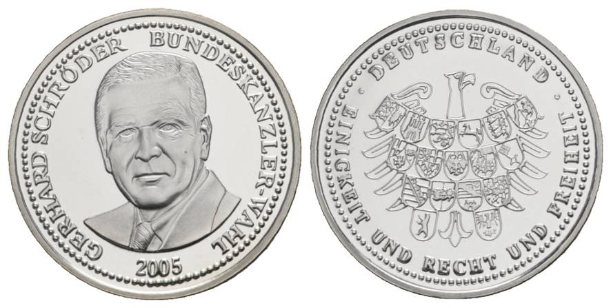  Gedenkprägung Gerhard Schröder Bundeskanler-Wahl 2005, Medaille PP, Ø 30 mm, 10 g   