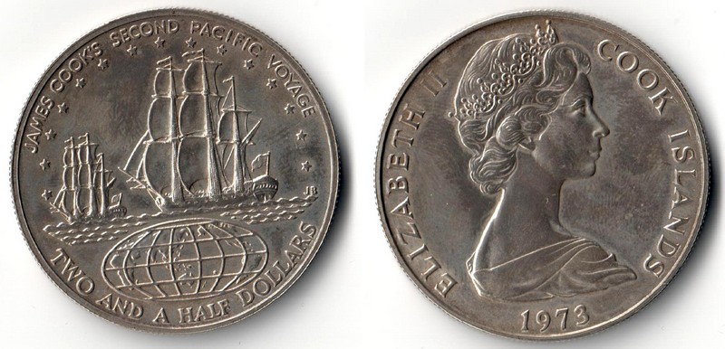  Cook Islands 2 1/2 Dollars 1973 Kapitän James Cook 2. Pazifik Reise  FM-Frankfurt Feinsilber: 25,30g   