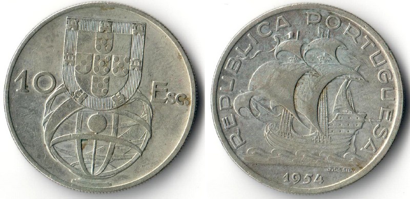  Portugal  10 Escudos  1954        FM-Frankfurt    Feinsilber: 10,44g   