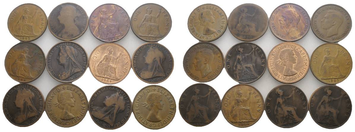  Großbritannien, 12 Münzen (one Penny)   