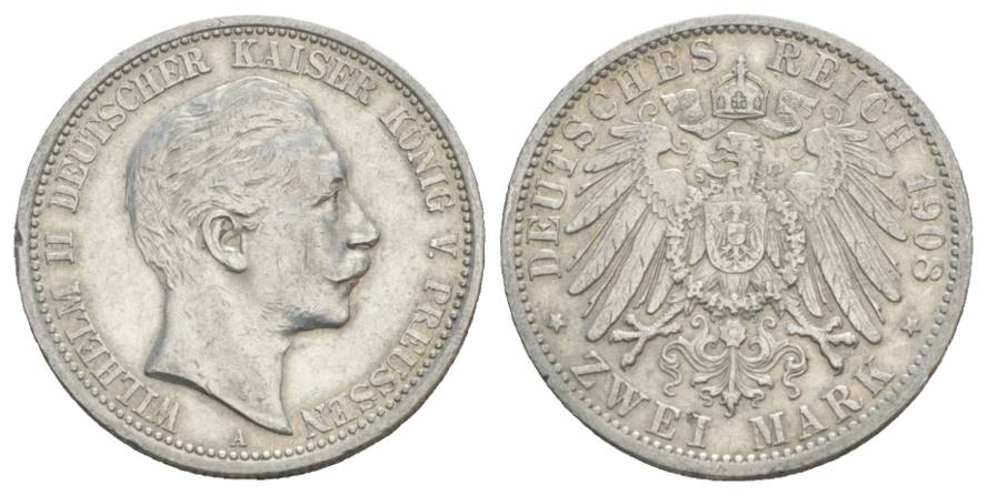  Preußen, 2 Mark 1908, kl. Randfehler   