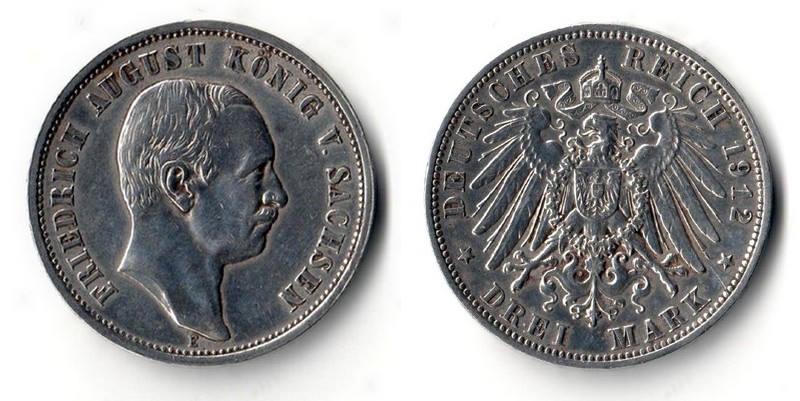  Sachsen Kaiserreich  3 Mark  1912 E Wilhelm II. 1888-1918   FM-Frankfurt Feinsilber: 15g   