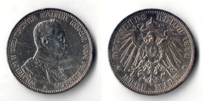  Preußen, Kaiserreich  3 Mark  1914 A  Wilhelm II. 1888-1918   FM-Frankfurt Feinsilber: 15g   