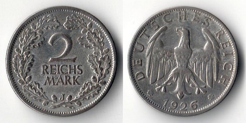  BRD, Weimarer Republik 2 Reichsmark  1926 J    FM-Frankfurt Feinsilber: 5g   