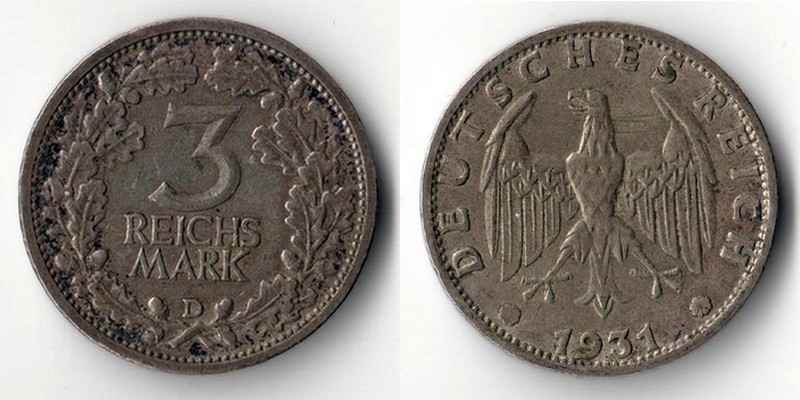  BRD, Weimarer Republik 3 Reichsmark  1931 D    FM-Frankfurt    Feinsilber: 7,5g   