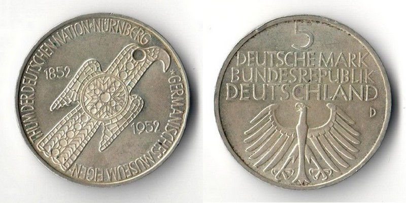  BRD  5 DM  1952 D  100 Jahre Germanisches Museum Nürnberg    FM-Frankfurt  Feinsilber: 7g   
