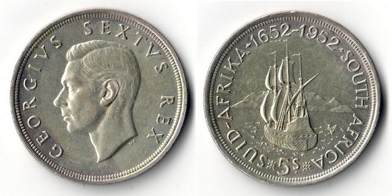  Süd Afrika  5  Shillings  1952    Büste von König George V.    FM-Frankfurt    Feinsilber: 14,14g   