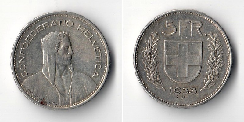  Schweiz  5 Franken  1933  FM-Frankfurt   Feinsilber: 12,53g   