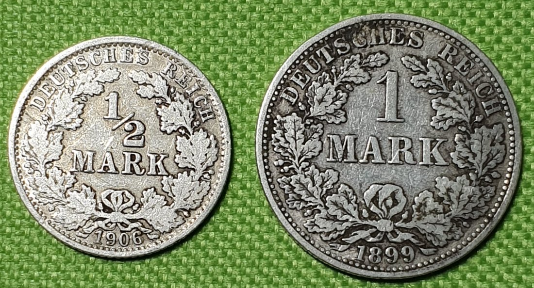 2940504 Kaiserreich 1/2 Halbe und 1 Eine Mark Reichsmark 1906 A und 1899 A 2940504 Kaiserreich 1/2 Halbe und 1 Eine Mark Reichsmark 1906 A und 1899 A