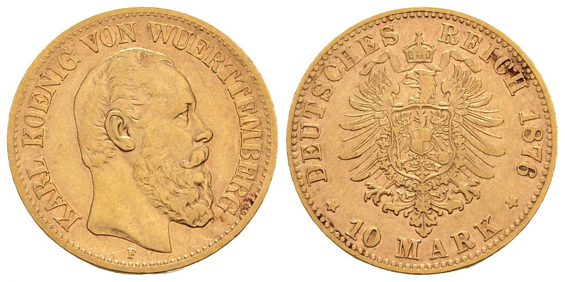 PEUS 2109 Kaiserreich - Württemberg 3,58 g Feingold. Karl (1864 - 1891) 10 Mark GOLD 1876 F Stuttgart Sehr schön