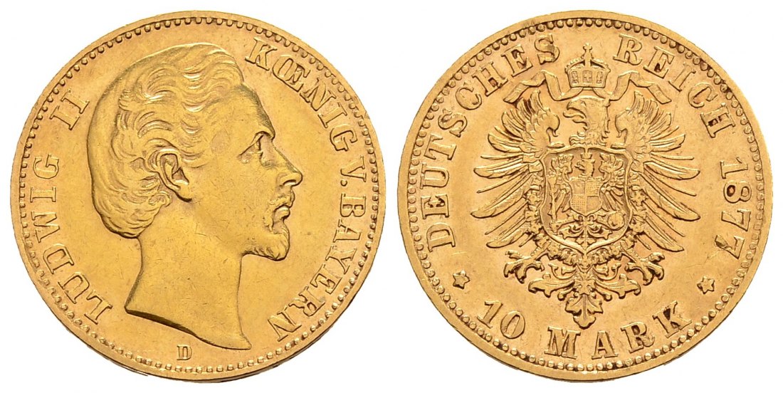 PEUS 2125 Kaiserreich - Bayern 3,58 g Feingold. Ludwig II. (1864 - 1886) 10 Mark GOLD 1877 D München Sehr schön / Sehr schön +