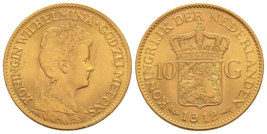 PEUS 2133 Niederlande 6,06 g Feingold. Wilhelmina (1890 - 1948) 10 Gulden GOLD 1912 Kl. Kratzer, Vorzüglich +
