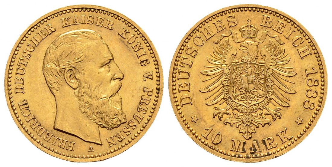 PEUS 2141 Kaiserreich - Preußen 3,58 g Feingold. Friedrich III. (09.03.- 15.06.1888) 10 Mark GOLD 1888 A Kl. Kratzer, Vorzüglich
