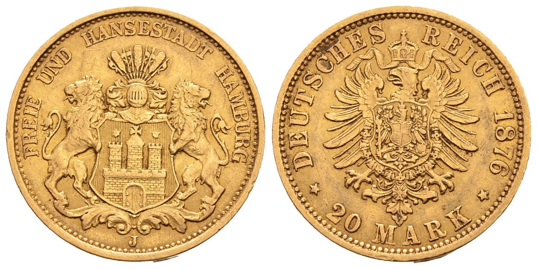 PEUS 2143 Kaiserreich - Hamburg 7,16 g Feingold. Stadtwappen / Kleiner Adler 20 Mark GOLD 1876 J Sehr schön