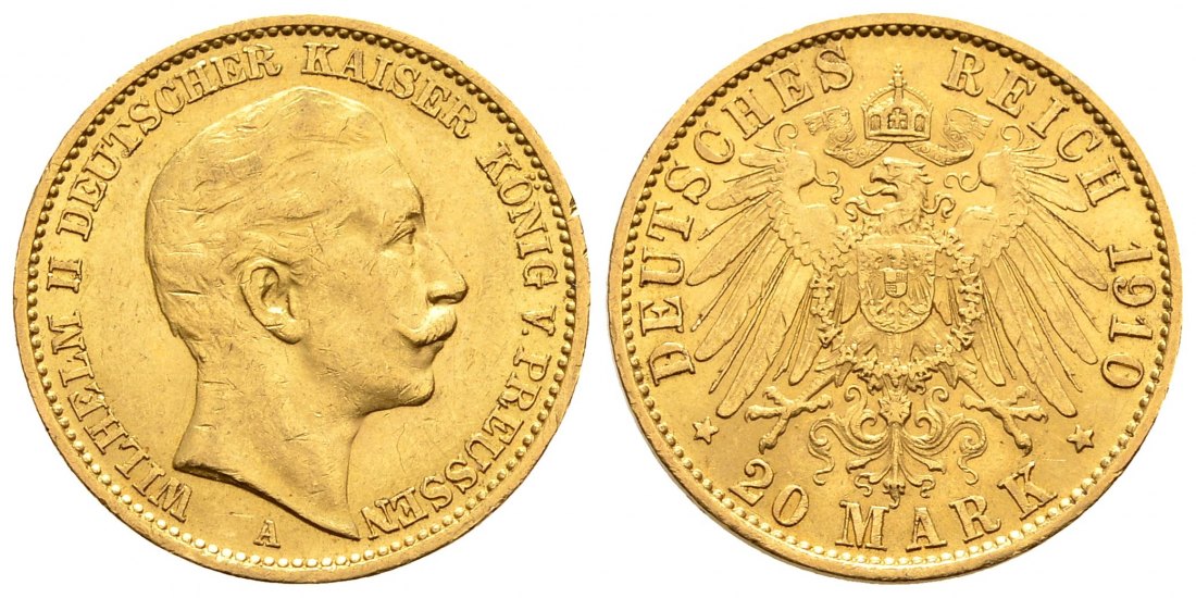 PEUS 2144 Kaiserreich - Preußen 7,17 g Feingold. Wilhelm II.(1888 - 1918) 20 Mark GOLD 1910 A Kratzer, Fast Vorzüglich