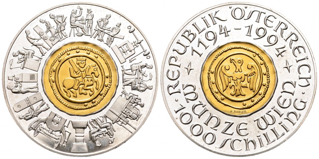 PEUS 2153 Österreich 13 g Feingold + 24 g Feinsilber. 800 Jahre Münze Wien 1000 Schilling GOLD / SILBER 1994 Impaired Proof / Vorzüglich + aus PP