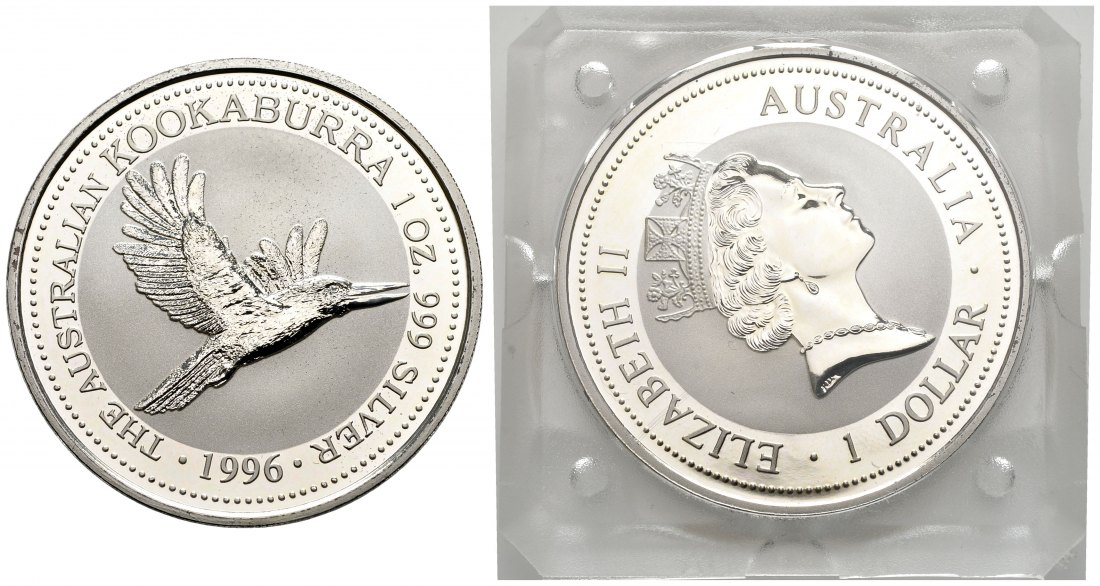 PEUS 2155 Australien 31,1 g Feinsilber. Fliegender Kookaburra Dollar SILBER Unze 1996 Uncirculated (in Originalkapsel)