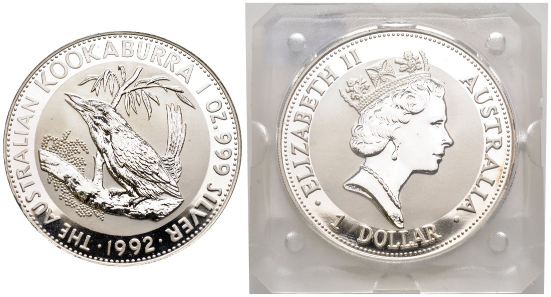 PEUS 2160 Australien 31,1 g Feinsilber. Kookaburra auf Ast Dollar SILBER Unze 1992 Uncirculated (in Originalkapsel)