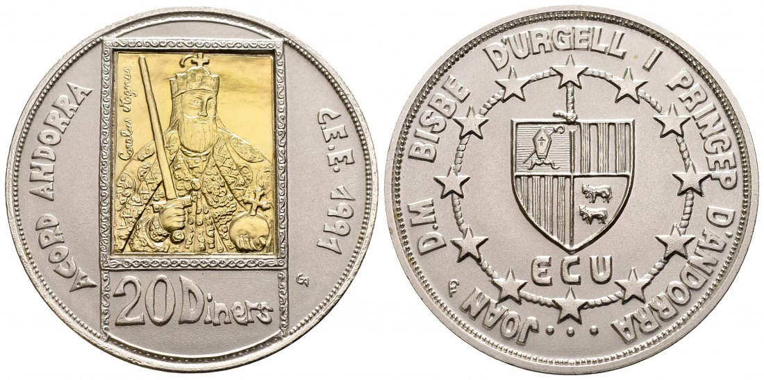 PEUS 2159 Andorra 1,38 g Feingold + 24,5 g Feinsilber. Karl der Große Nur 5.000 Exemplare 20 Diners GOLD (916) + SILBER (925) o.J.(1992) Stempelglanz (Kapsel)