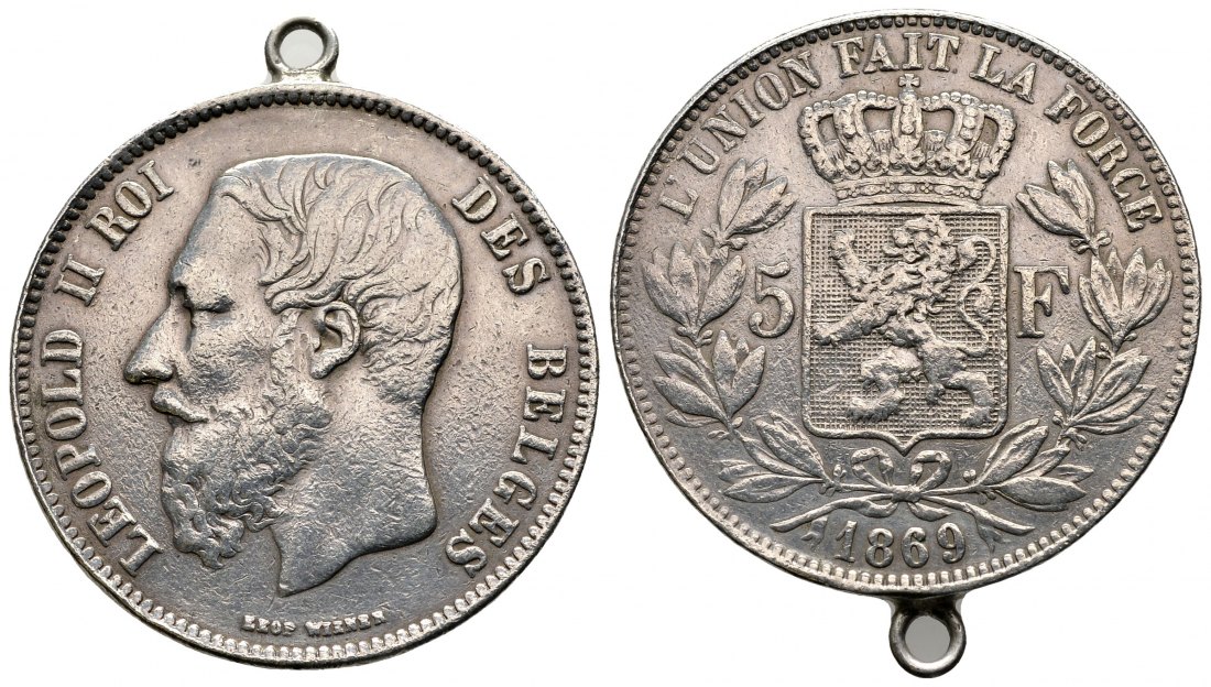 PEUS 2176 Belgien 22,5 g Feinsilber. Leopold II. (1865 - 1909) 5 Francs SILBER 1869 Gehenkelt, Sehr schön