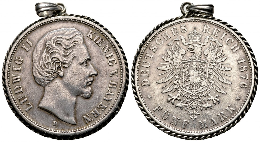 PEUS 2177 Kaiserreich - Bayern Ludwig II. (1864-1886) 5 Mark 1876 D München Gefasst, Sehr schön