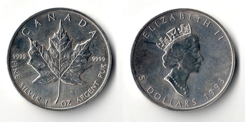  Kanada  5 Dollar  1993   Kanadisches Ahornblatt   FM-Frankfurt   Feinsilber: 31,1g   