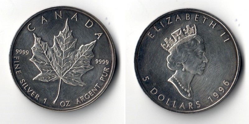  Kanada  5 Dollar  1996  Kanadisches Ahornblatt    FM-Frankfurt  Feinsilber: 31,1g   