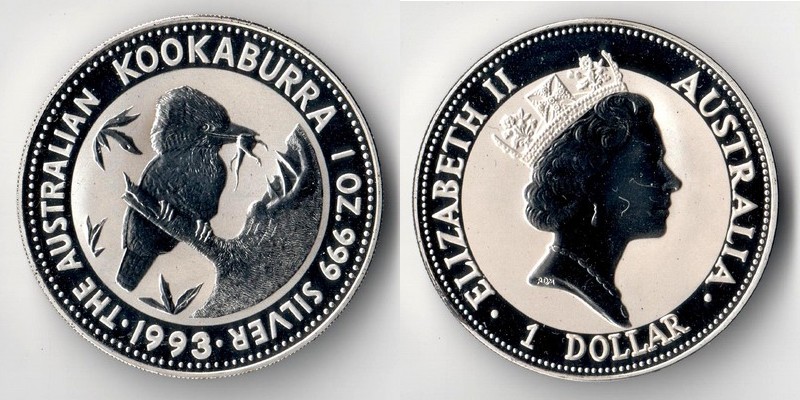  Australien  1 Dollar  1993   Kookaburra     FM-Frankfurt    Feinsilber: 31,1g   
