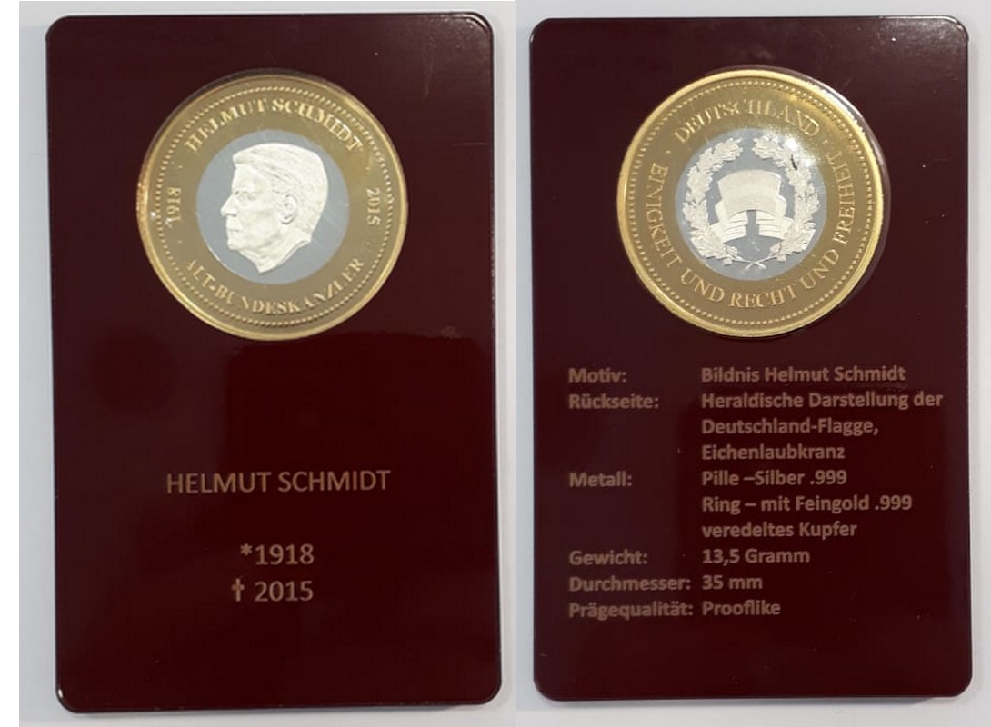  Medaille    Helmut Schmidt 1918-2015  FM-Frankfurt   Feinsilber: 13,5g   