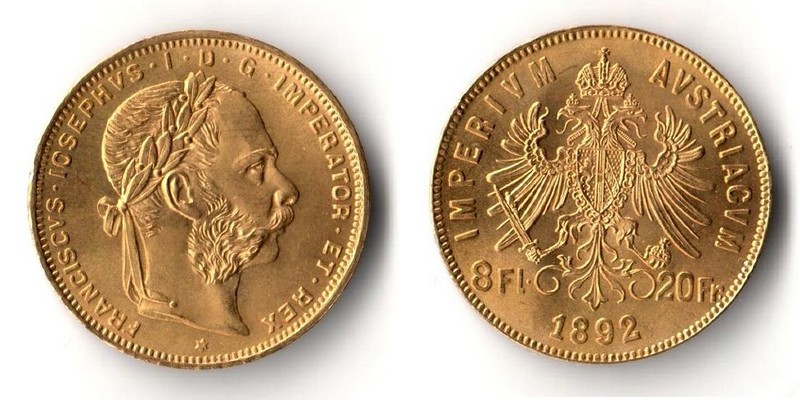 Österreich  8 Florin - 20 Francs  1892 MM-Frankfurt Feingold: 5,81g   