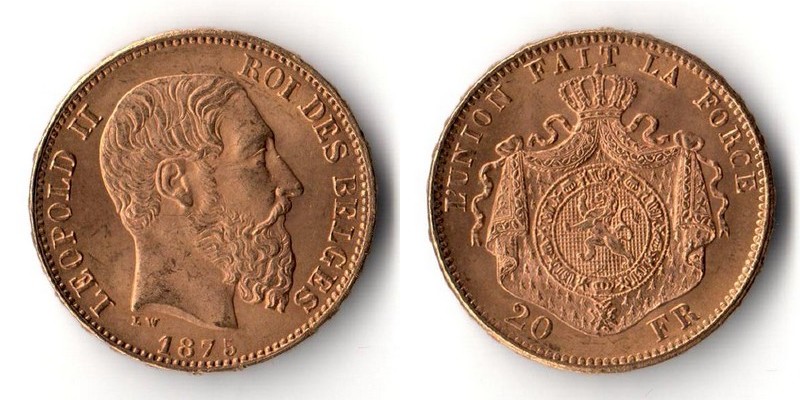 Belgien  20 Francs  1875 MM-Frankfurt Feingold: 5,81g Leopold II. 1865-1909  