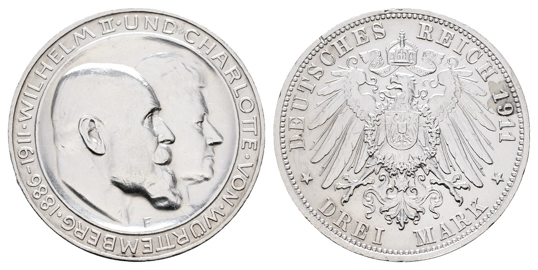  Linnartz KAISERREICH Württemberg Wilhelm II. 3 Mark 1911 F Silberhochzeit Rdf. vz   