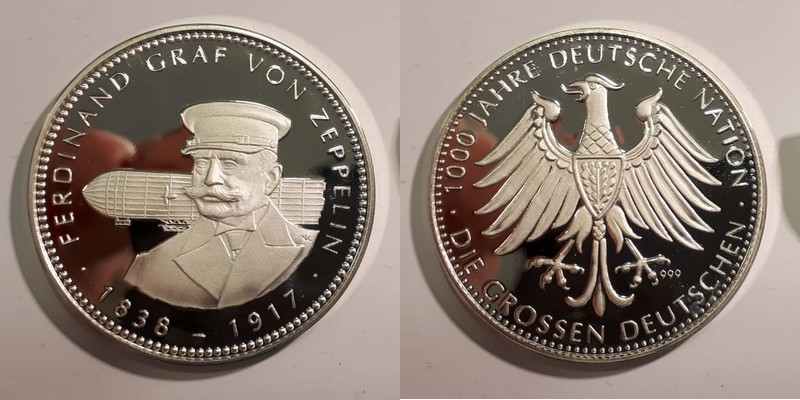  Medaille 1990  1000 Jahre Deutsche Nation - Ferdinand Graf von Zeppelin   Feinsilber: ca.20g   