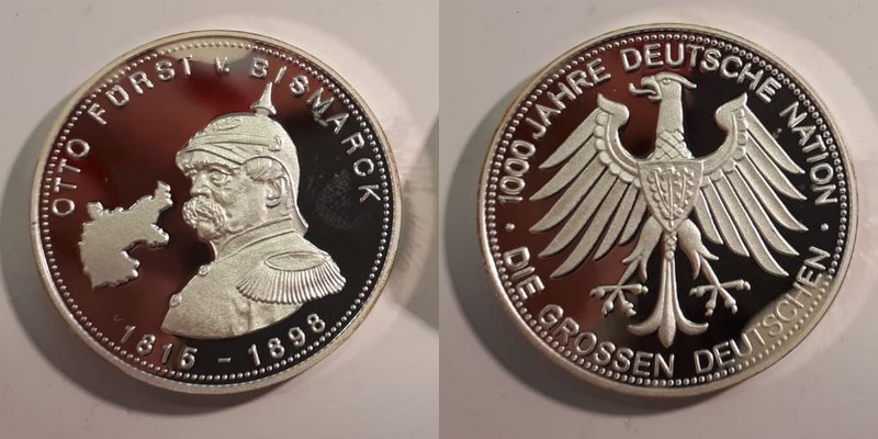  Medaille 1990  1000 Jahre Deutsche Nation - Otto Fürst von Bismarck  Feinsilber: ca.10g   