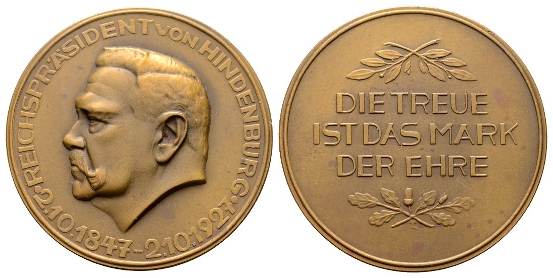  Linnartz Hindenburg Bronzemedaille 1927 a.d. 80.Geburtstag f.stgl Gewicht: 43,1g   