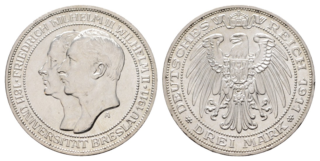  Linnartz KAISERREICH Preussen Wilhelm II. 3 Mark 1911 Uni Breslau vz   
