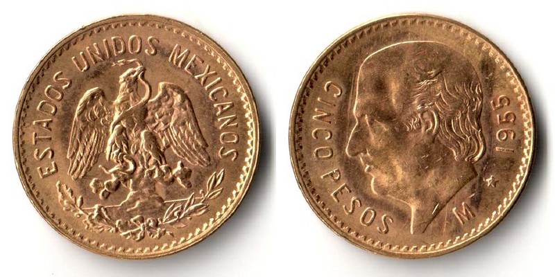 Mexiko  5 Pesos  1955 MM-Frankfurt Feingold: 3,75g Miguel Hidalgo y Costilla  