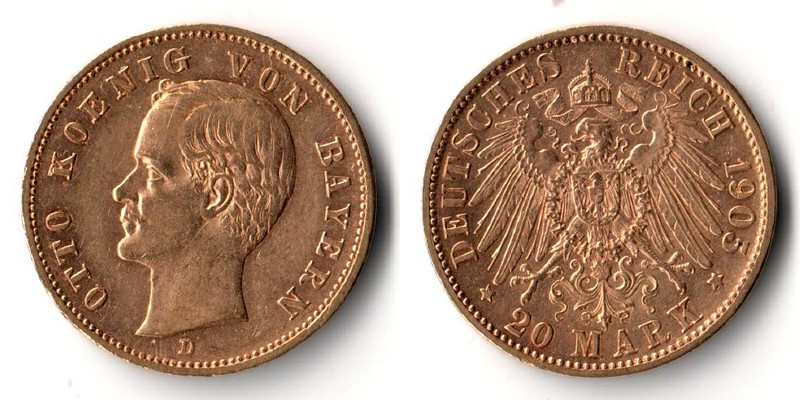 Bayern, Kaiserreich  20 Mark  1905 D MM-Frankfurt Feingold: 7,17g Otto 1886-1913  
