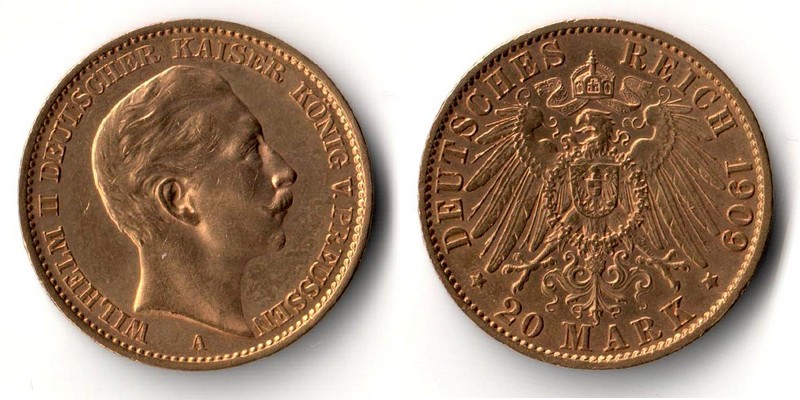 Preussen, Kaiserreich  20 Mark  1909 A MM-Frankfurt Feingold: 7,17g Wilhelm II.  1888 - 1918  