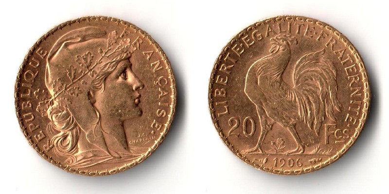 Frankreich  20 Francs  1906 MM-Frankfurt Feingold: 5,81g   