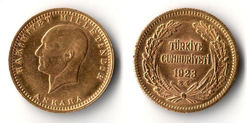 Türkei(Republik) 100 Kurush  1923/34 MM-Frankfurt Feingold: 6,62g Mustafa Kemal Atatürk  