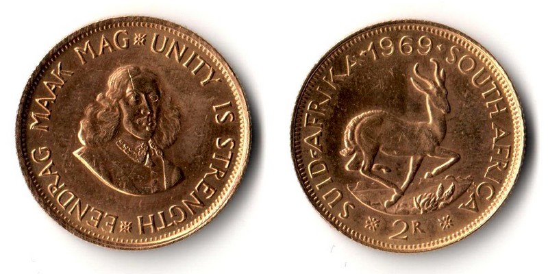 Süd Afrika  2 Rand  1969 MM-Frankfurt Feingold: 7,32g Springbock  