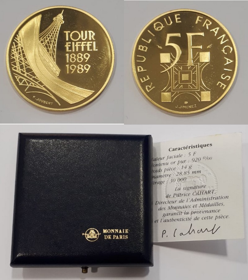 Frankreich  5 Francs  1989 MM-Frankfurt Feingold: 12,88g Tour Eiffel  