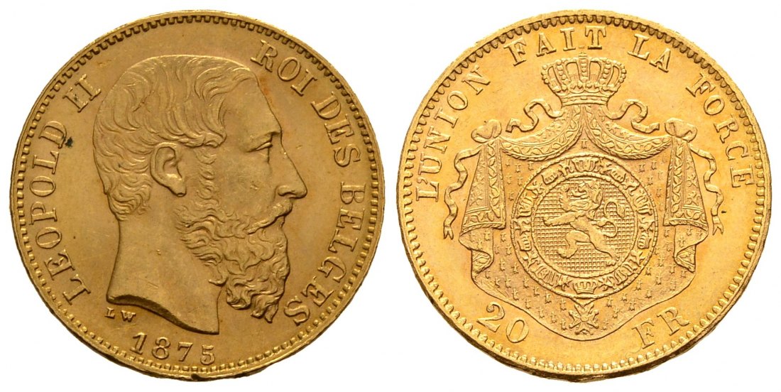 PEUS 2192 Belgien 5,81 g Feingold. Leopold II. (1865-1909) 20 Francs GOLD 1875 Kl. Kratzer, Randfehler, fast Vorzüglich