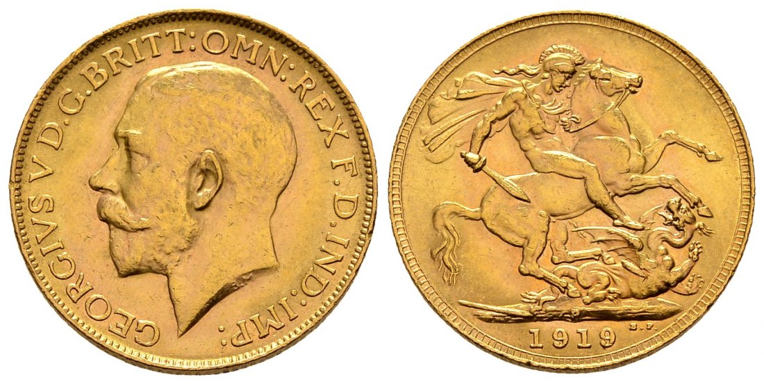 PEUS 2194 Großbritannien / Australien 7,32 g Feingold. George V. (1910 - 1936) Sovereign GOLD 1919 P Perth Kl. Kratzer, fast Vorzüglich