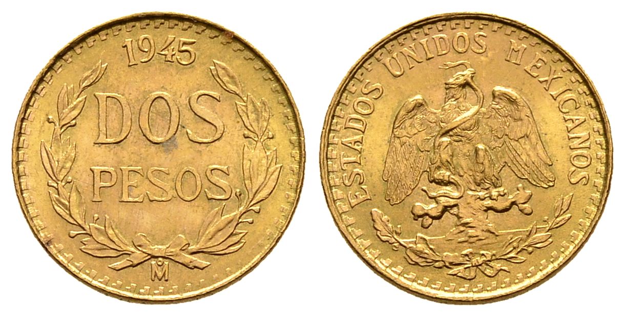PEUS 2195 Mexiko 1,5 g Feingold 2 Pesos GOLD 1945 M Fast Stempelglanz