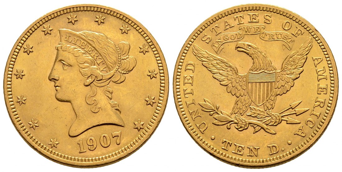 PEUS 2198 USA 15,05 g Feingold. Coronet Head 10 Dollars GOLD 1907 Kl. Kratzer, Vorzüglich