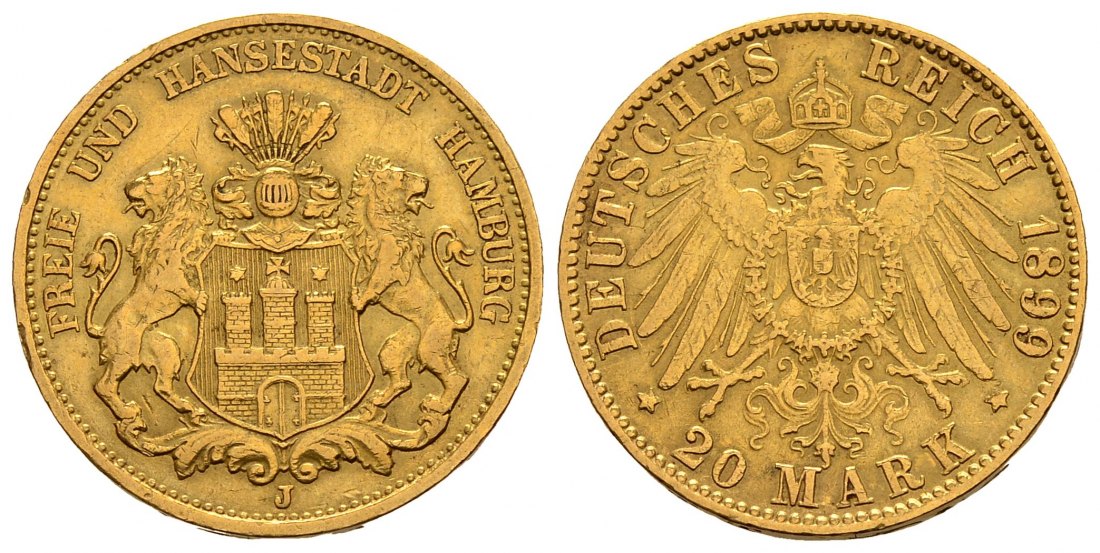 PEUS 2205 Hamburg - Kaiserreich 7,16 g Feingold. Stadtwappen 20 Mark GOLD 1899 J Sehr schön